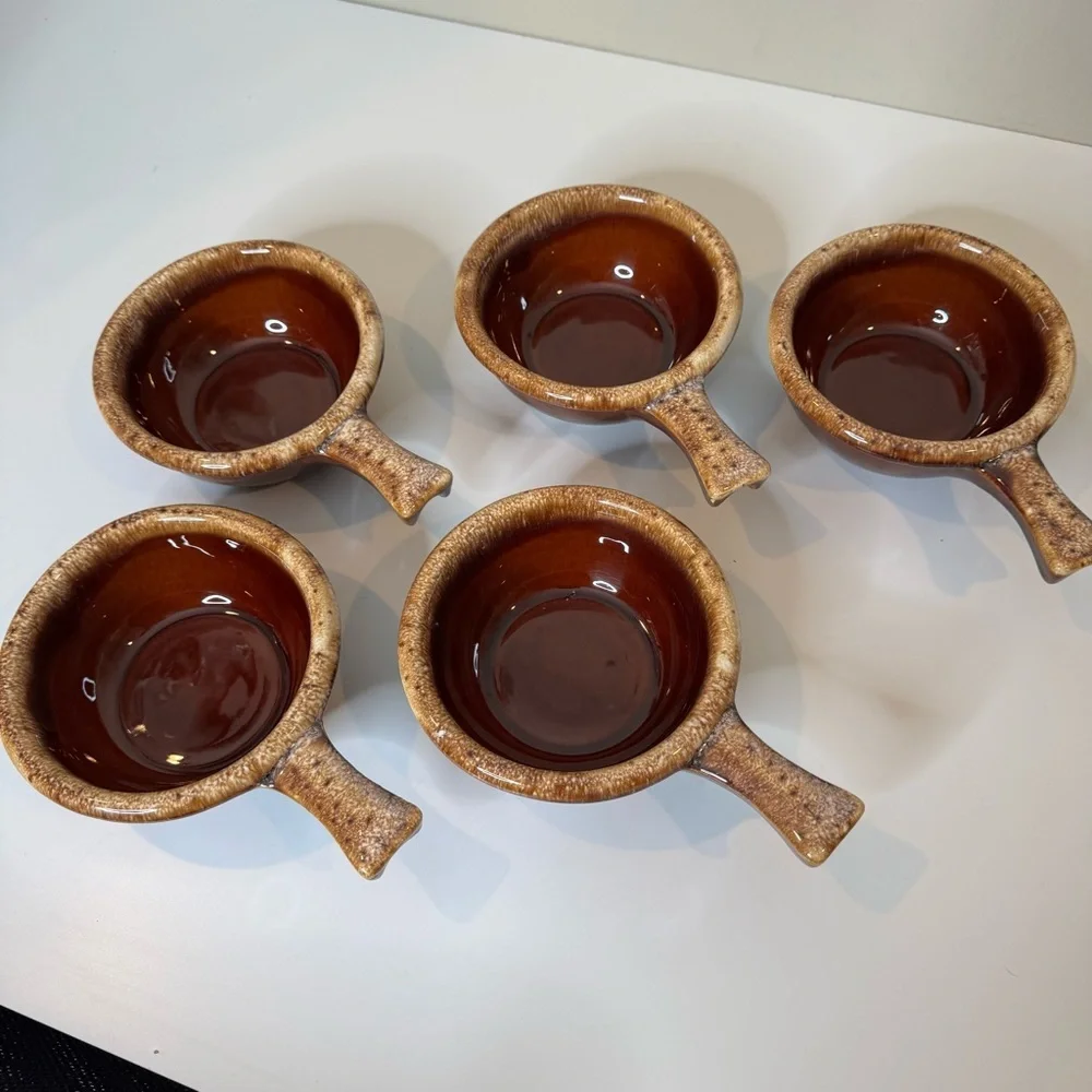 HULL BROWN DRIP BOWLS Soup Handle USA Mid Century Vtg lot of 5